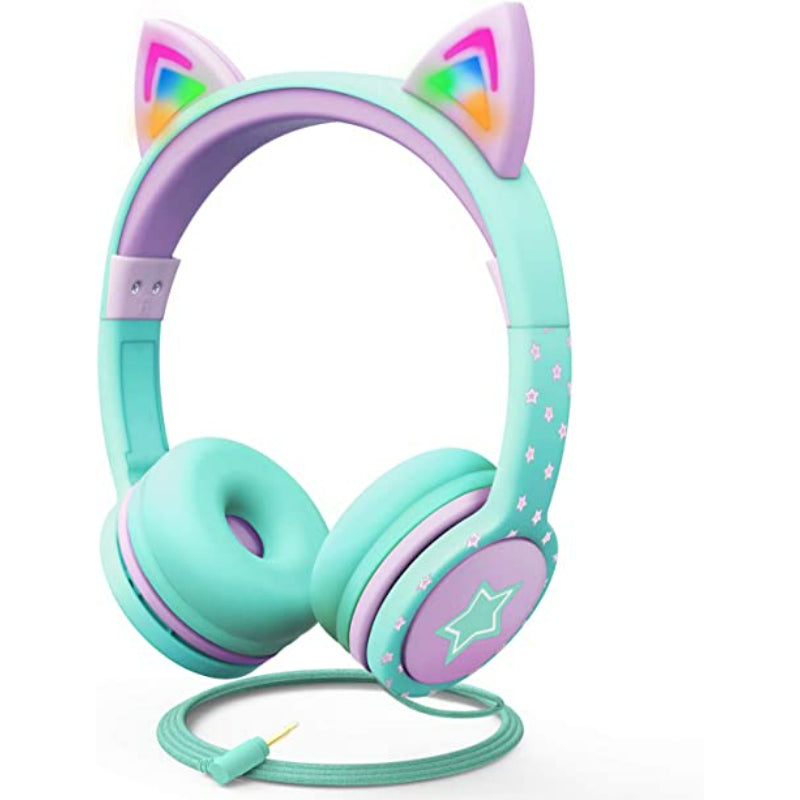Kids Headphones with LED Cat Ears, 3.5mm On-Ear Wired Headset with Laced Cables