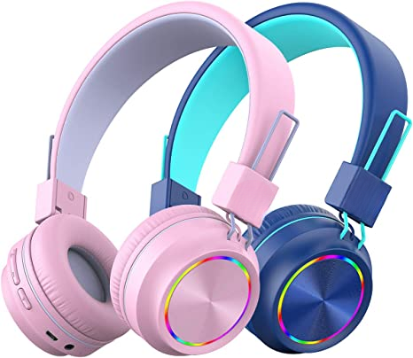 Pack Of 2 Kids Bluetooth Headphones Safe Volume, Colorful LED Lights